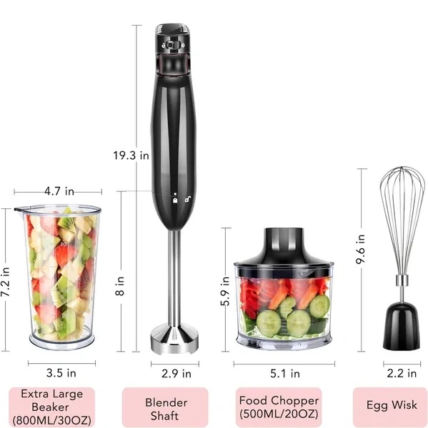 3-in-1 Immersion Hand Blender, Powerful 400W DC Motor, Variable Speed Stick Blender with Whisk, Chopper, and Measuring Cups for Smoothies, Soups and baby foods, Black