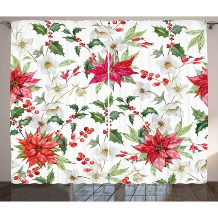 Artworks Home Pattern - Floral Curtains 2 Panels Set, Christmas Flowers Pattern in Watercolors Buds Branches Natural Spring Artwork, Window Drapes for Living Room Bedroom, 108W X 90L Inches, Pink Green White, by Ambesonne
