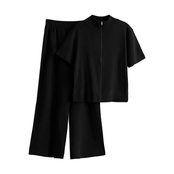 Women's Two Piece Sweater Lounge Sets Cable Knit with Mock Neck Short Sleeve Zip Up Top Wide Leg Pants Black Free Size
