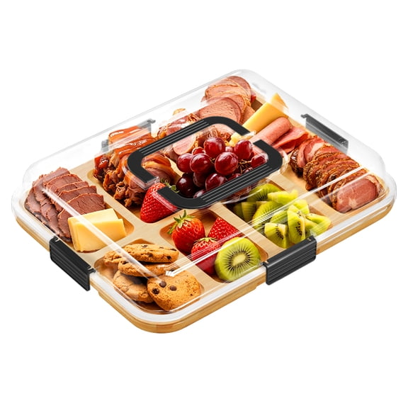 PLUMEBAY Bamboo Charcuterie Board with Clear Lid, 8-Compartment Cheese and Snack Serving Tray with Handles