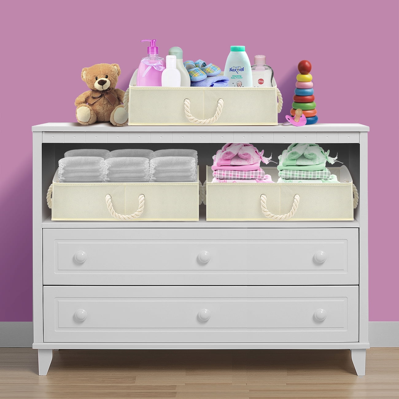 Sorbus Trapezoid Storage Bin Box Basket Set Foldable with Cotton Rope Carry Handles ? Great for Closet,Clothes, Linens, Toys, Nursery - Non-woven Fabric - (3 Pack, Beige)