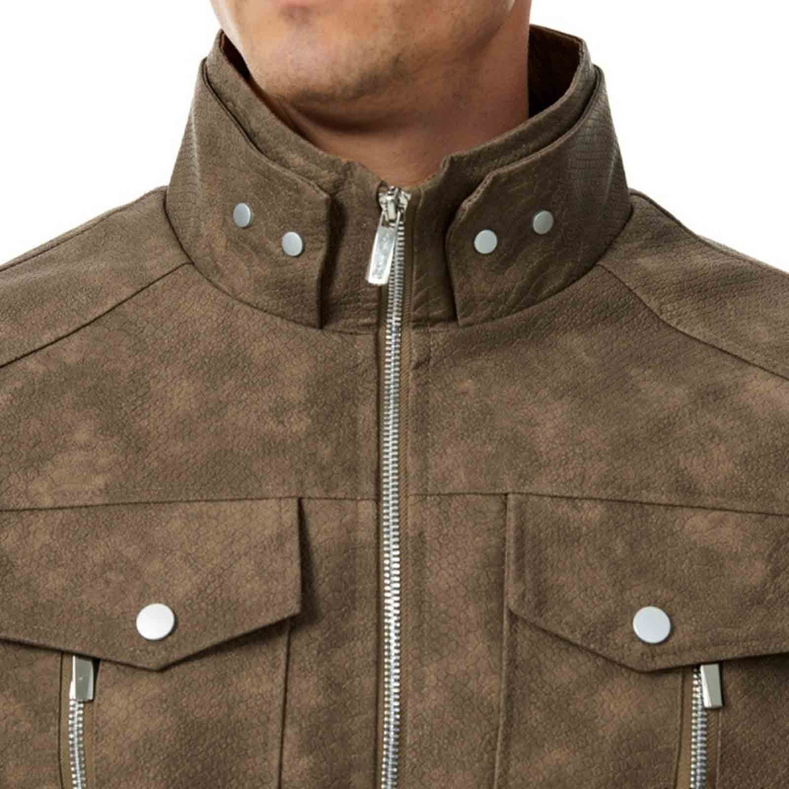 Abomasnow Men's Big & Tall Faux Leather Denim Jacket Vintage Zip Up Turtleneck Jean Jacket with Multiple Pockets M-4XL