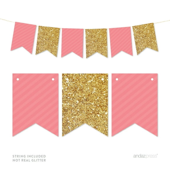 Coral Gold Glitter Pennant Party Banner