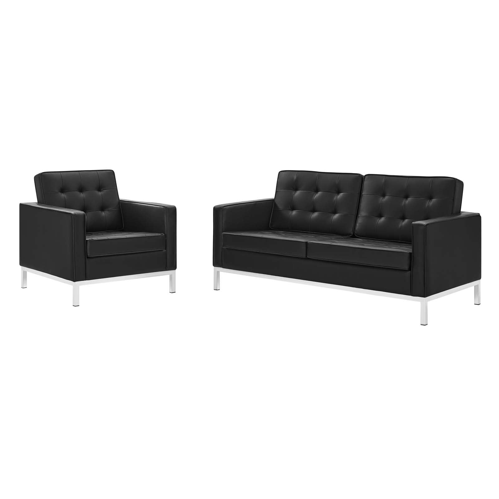 Tufted Armchair and Loveseat Sofa Set, Faux Leather, Silver Black