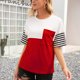 thumbnail image 4 of Camiseta de mujer Bloque de color a rayas Manga corta Cuello redondo Top suelto, Rojo vino, L Vogacara AP001245-23, 4 of 7
