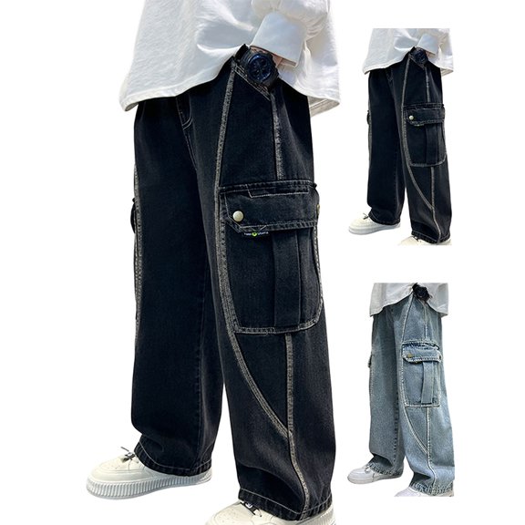 Afuyipoi Boys Denim Cargo Jeans Size 4-15 Solid Color Adjustable Waist Pleated Pockets Relaxed Fit Work Pants for Kids Casual Daily School Outdoor Black Size 6