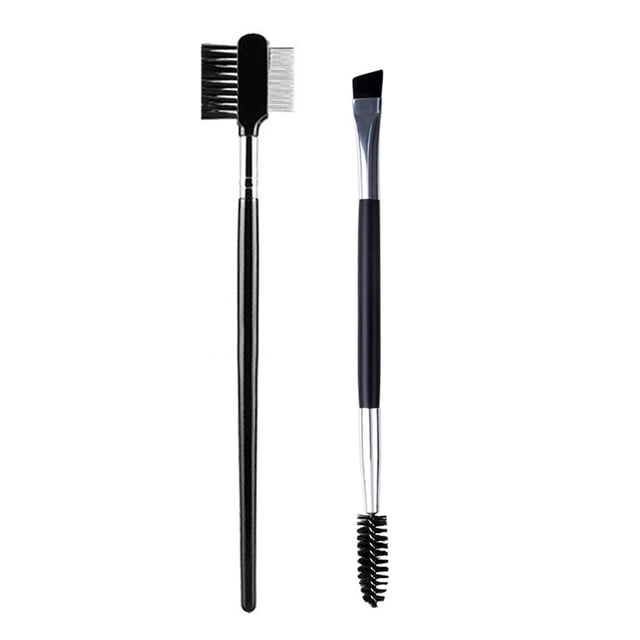 cepillo para cejas de doble cabezal, cepillo para cejas, peine para pestañas y cepillo para cejas, práctico cepillo para cejas en ángulo y juego de cepillos spoolie. Dos piezas visibles: un peine metálico de doble cara con cerdas y un pincel de doble punta con cabeza angular para cejas y spoolie en el extremo; colores negro y plateado, mango liso negro. También apto para peinar pestañas tras aplicar rímel.