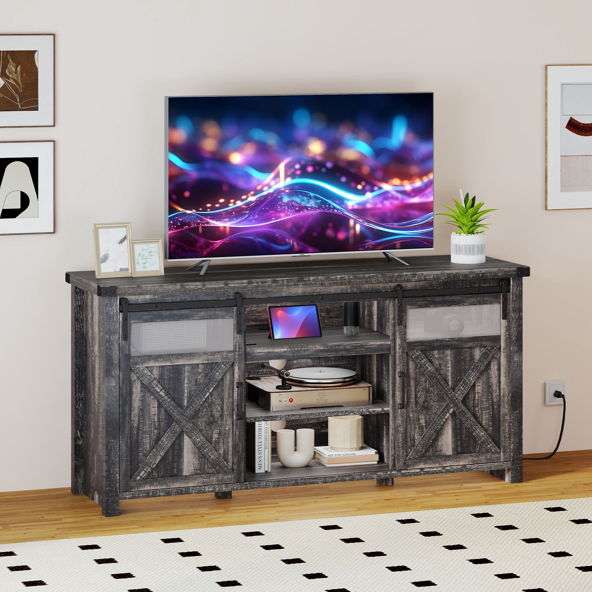 Uforic 60in Farmhouse TV Stand with Power Outlet, Storage Drawers,Dark Wood Grain