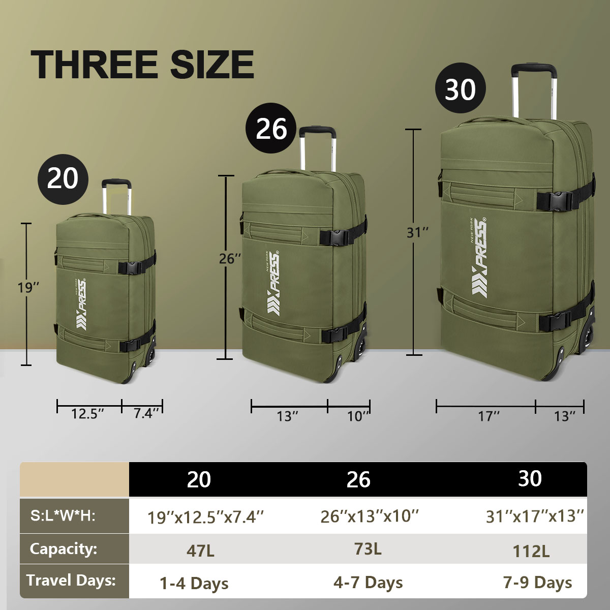 3 Piece Softside Luggage Set, Heavy-Duty Water-Resistant Softshell Suitcase with Wheels, 20"/26"/30" Lightweight Rolling Luggage Bag, Green,TA510