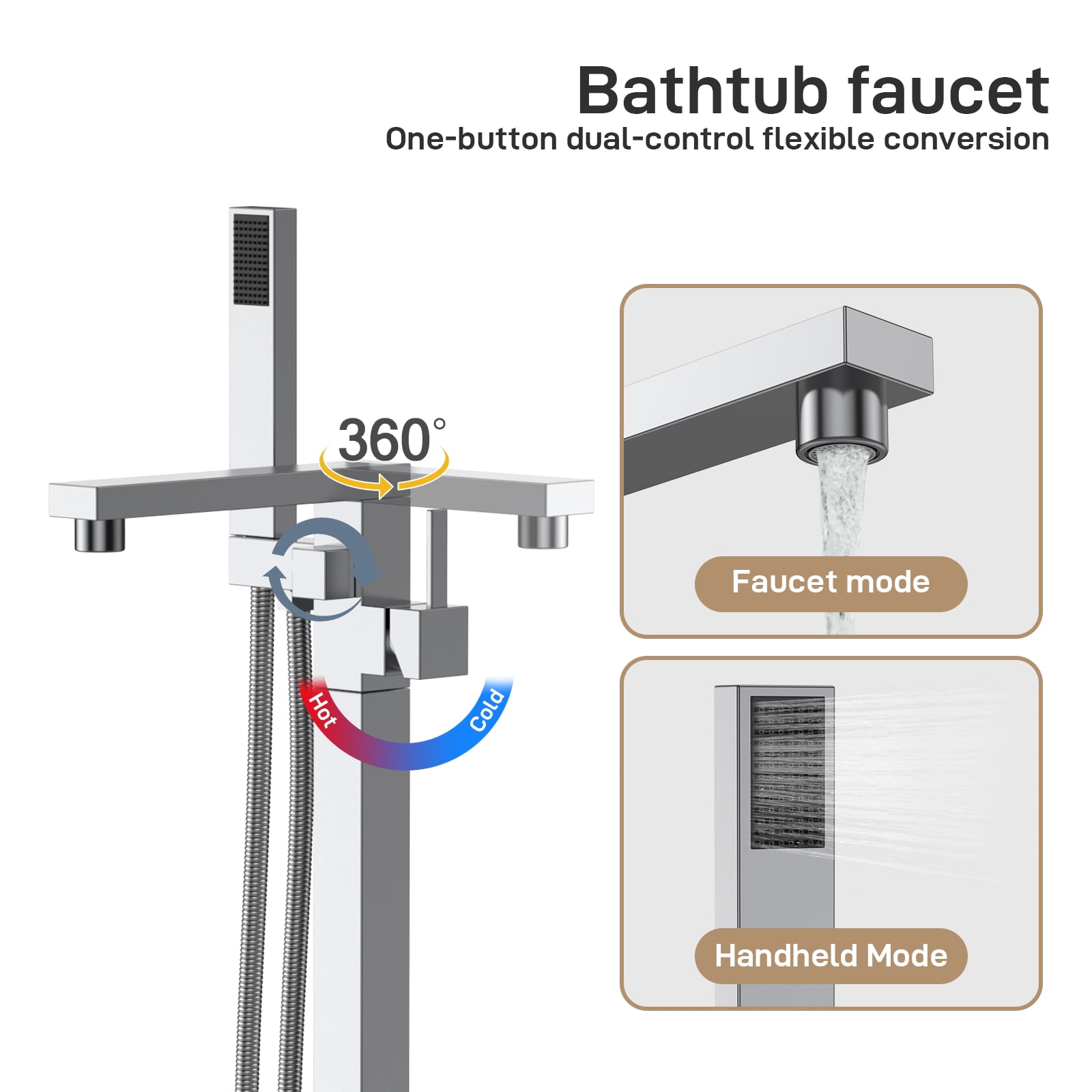 Bathtub Faucet, Floor Mount Bathtub Faucet Freestanding Tub Faucet Standing Bathtub Filler, High-Flow Bath Shower Faucet with Handheld Sprinkler