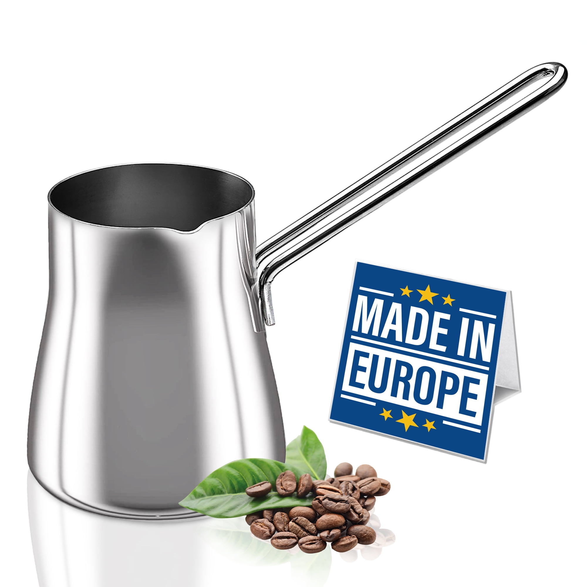 CRYSTALIA Turkish Coffee Pot 18/10 Stainless Steel, Stove Top Tea Maker, Milk Warmer, Greek Arabic Coffee Cezve Briki for Cooking, Chocolate Heater, Butter Melting Cup, 15 oz Coffee Server