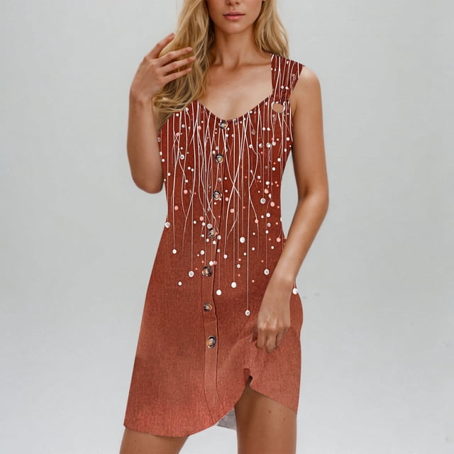 Ovzne Robes d'Été pour Femmes Robe de Plage Robe de Vacances Printemps et Été pour Femmes Bouton Col en V Robe à Bretelles Robe de Printemps Imprimée Liquidation