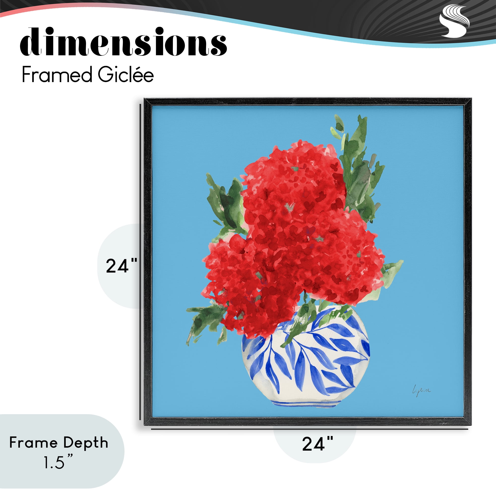 Stupell Industries Red Hydrangeas Blue Vase Black Framed Giclee Art, design by Lucille Price