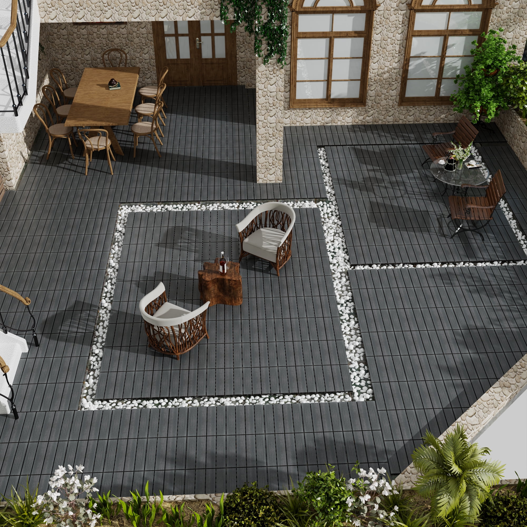 Miniyam 22 Pcs Interlocking Deck Tiles, 12" x 12", Wood-Plastic, for Outdoor Balcony Garden, Dark Gray