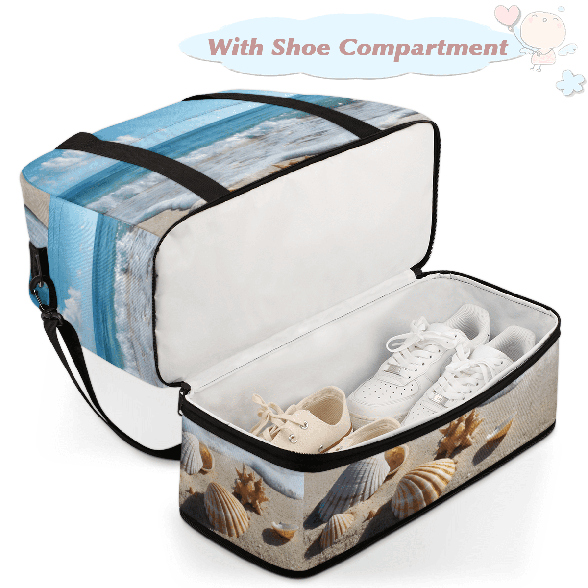 Herdesigns Beach Seashell Starfish Foldable Travel Duffel Bag with Shoe Compartment, Weekend Overnight Carry On Bags for Men Women, Large Sports Gym Luggage