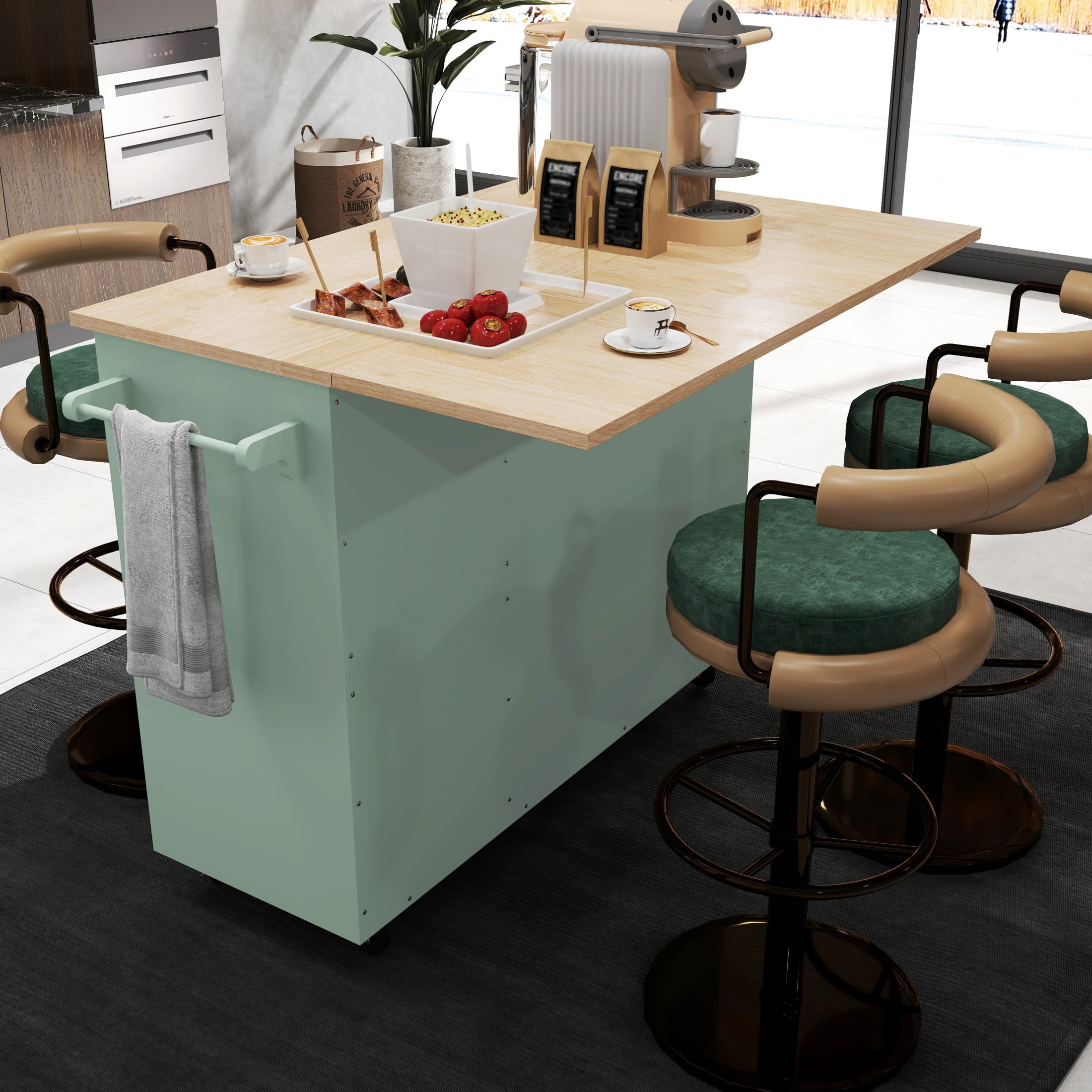 50.4" Kitchen Island with Storage,  Expandable Solid Wood Top Cart with Drop Leaf and Wheels, Green