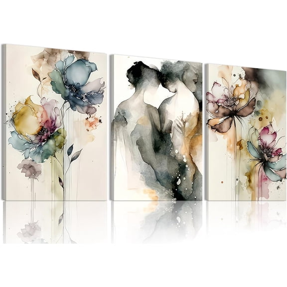 3Pcs Abstract Floral Canvas Wall Art Modern Watercolor Figure Flowers Poster Prints Neutral Flower Pictures for Living Room Bedroom Bathroom Wall Decor(canvas only)