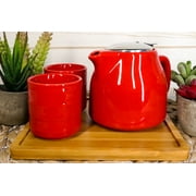 Bright Red Contemporary Ceramic 20oz Tea Pot With 2 Cups And Bamboo Tray Set