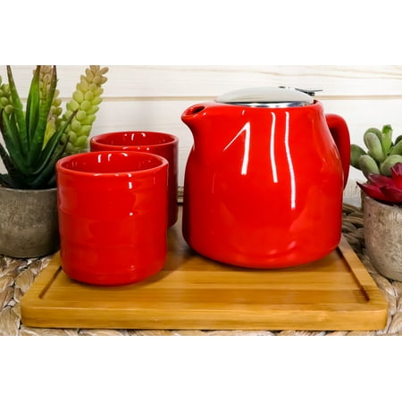 

Bright Red Contemporary Ceramic 20oz Tea Pot With 2 Cups And Bamboo Tray Set