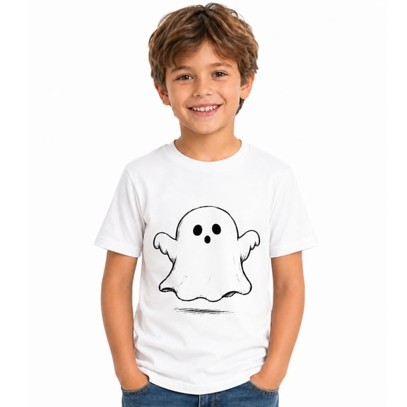 Simple Cute Ghost Halloween Graphic T-Shirt for Boys, Cute Seasonal Short Sleeve Shirt for Everyday Wear