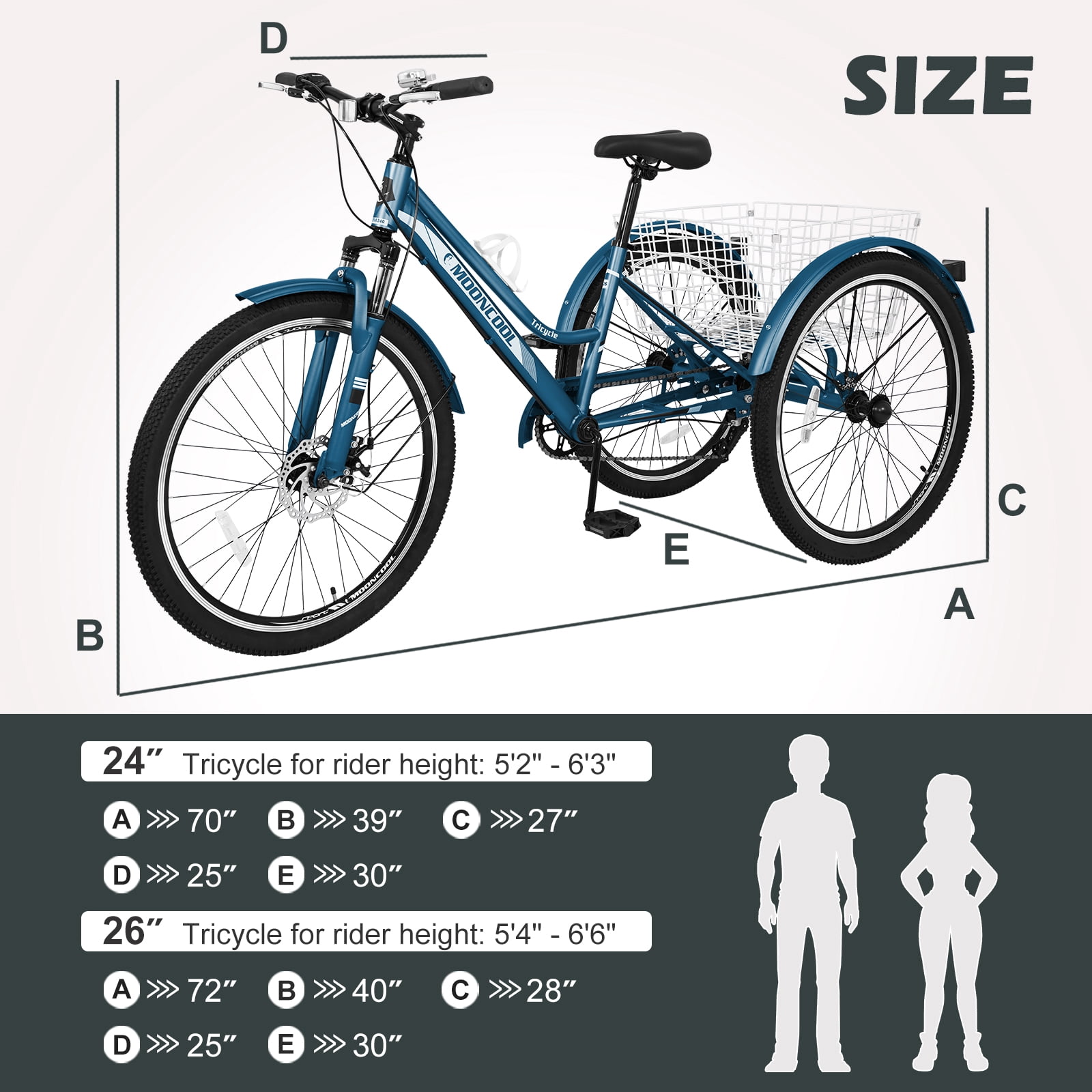 MOPHOTO 26" Adult Mountain Tricycle 7 Speed MTB, Cruiser Trike with Rear Basket, Exercise Men's Women's Tricycles