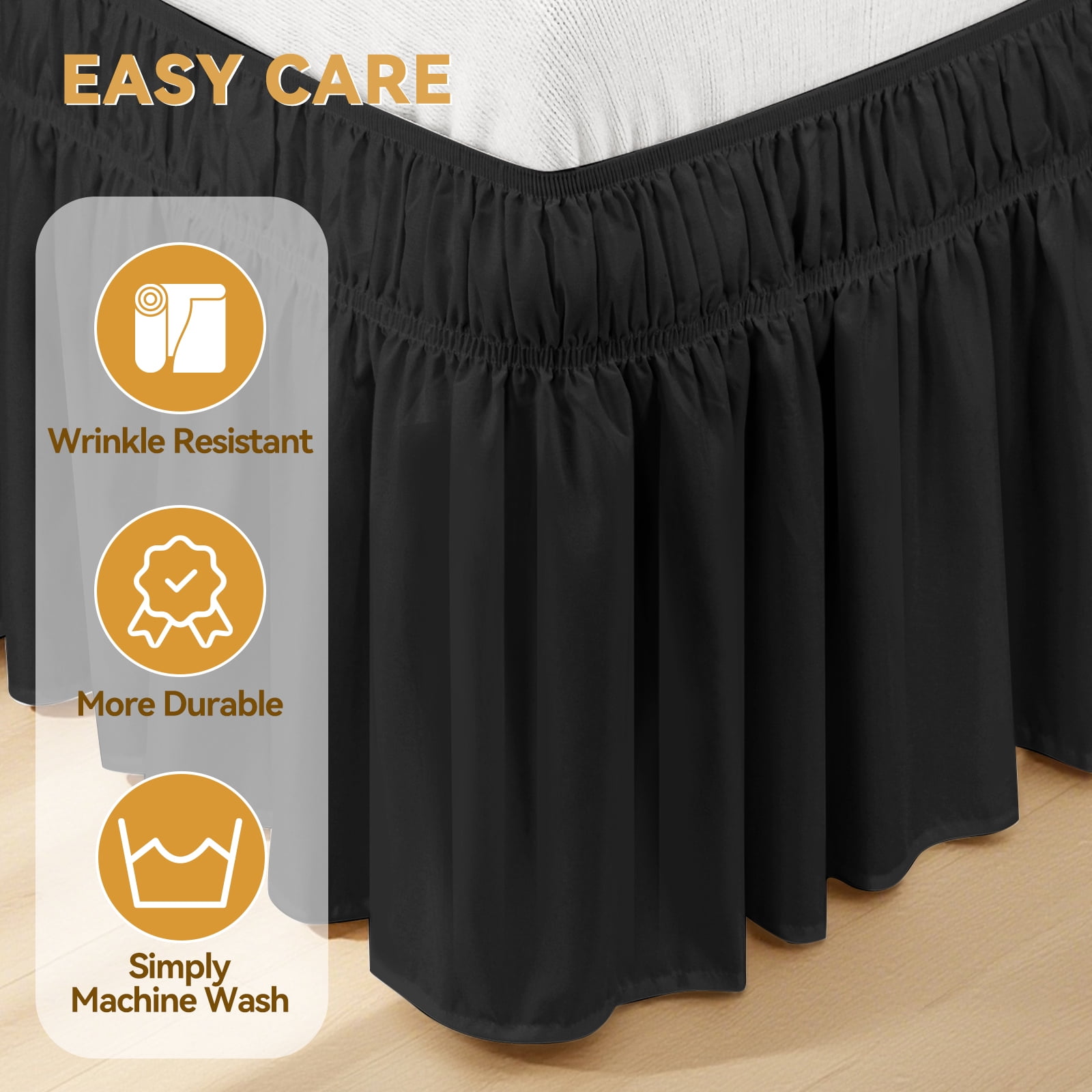 AzulHome King Bed Skirt 18 Inch Drop, 90GSM Black Dust Ruffle with Dual Elastic Bands, Adjustable Fit Cal King, Easy Care