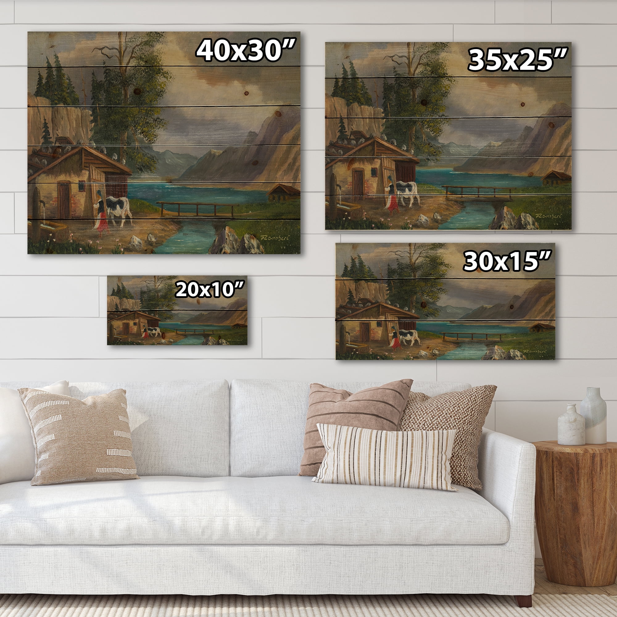 Designart 'Girl Brings The Cow Into The Stable At A Lake' Farmhouse Print on Natural Pine Wood