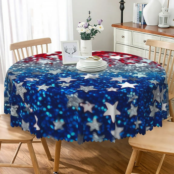 Aofoto Patriotic Red Blue Star Tablecloth 60 Inch Round, Washable Farmhouse Table Cloth Decorative for Picnic Party Holiday Home Indoor Outdoor