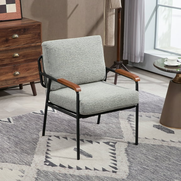 Modern Accent Chair with Natural Wood Armrests and Black Metal Frame, Upholstered Seat and Backrest, Comfortable Lounge Chair for Bedroom, Living Room, Dining Room, Set of 1