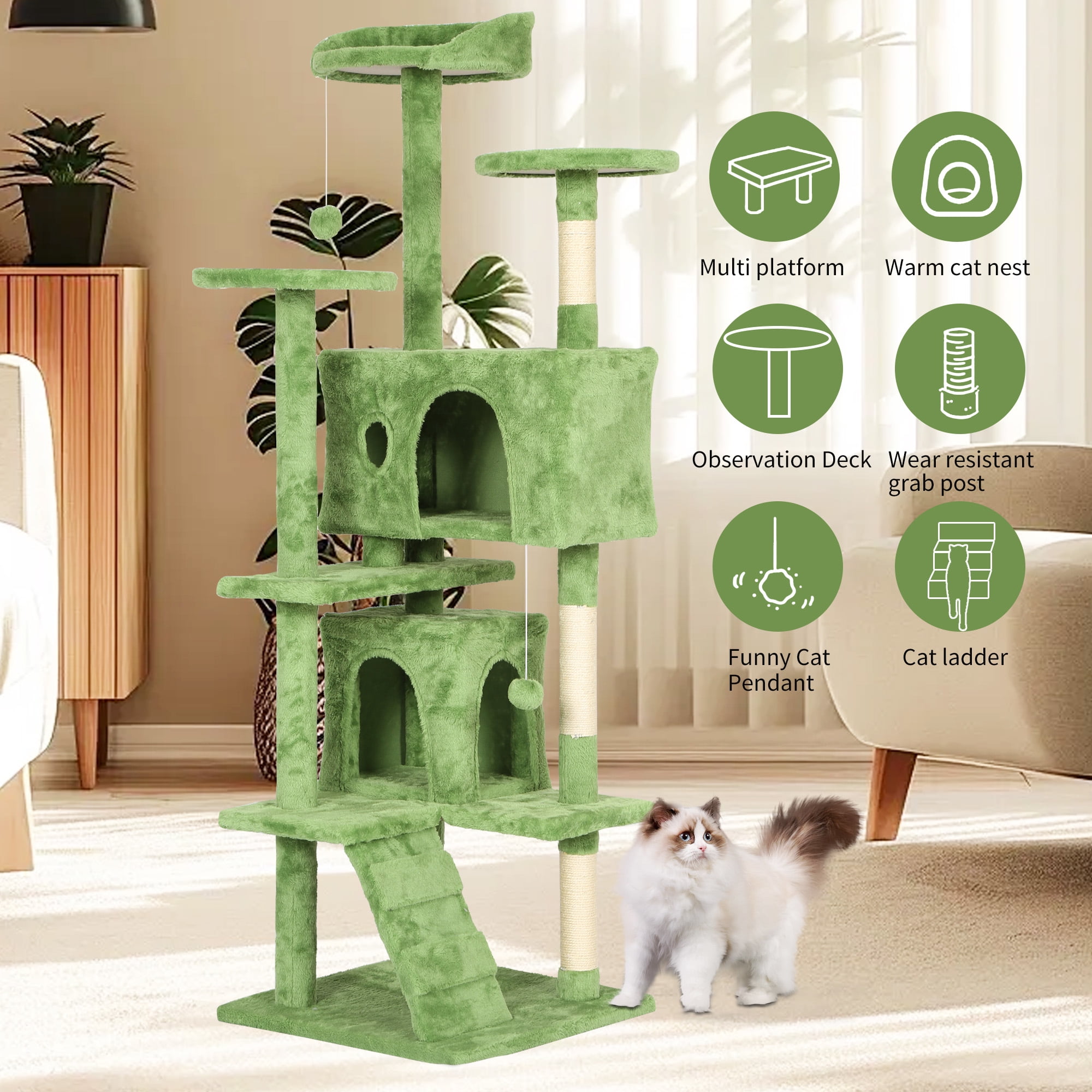 CL.HPAHKL Modern Cat Tree Tower with Dual Condos, 70 Inches Cat Tower with Sisal-Covered Scratching Post Multi-Level Tall Cat Condos with Hanging Toy, Green