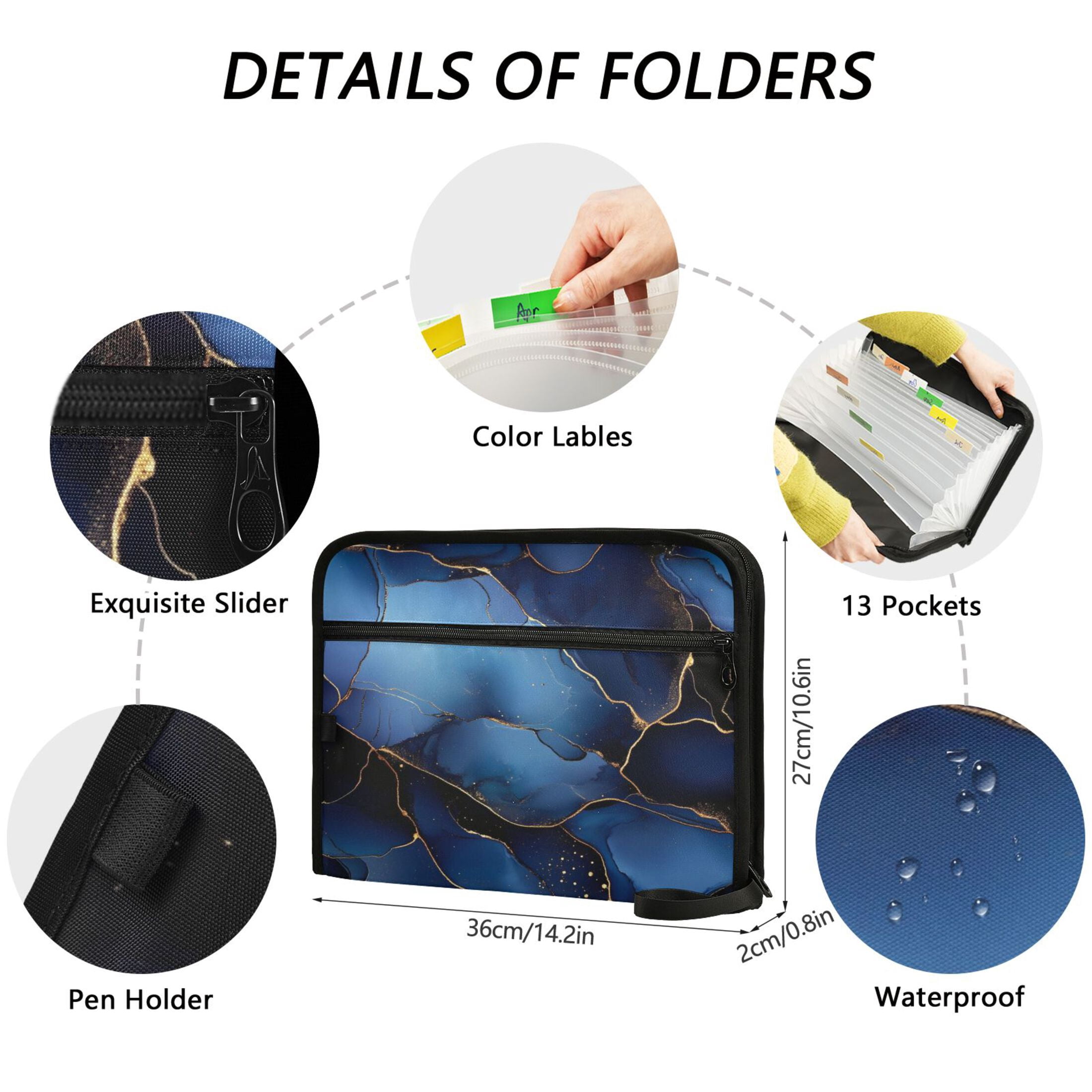 WOBOGO Gilt Navy Blue Marble Expanding File Folder Letter Size Accordion Filing Organizer 13 Pocket Separate Organ Pocket