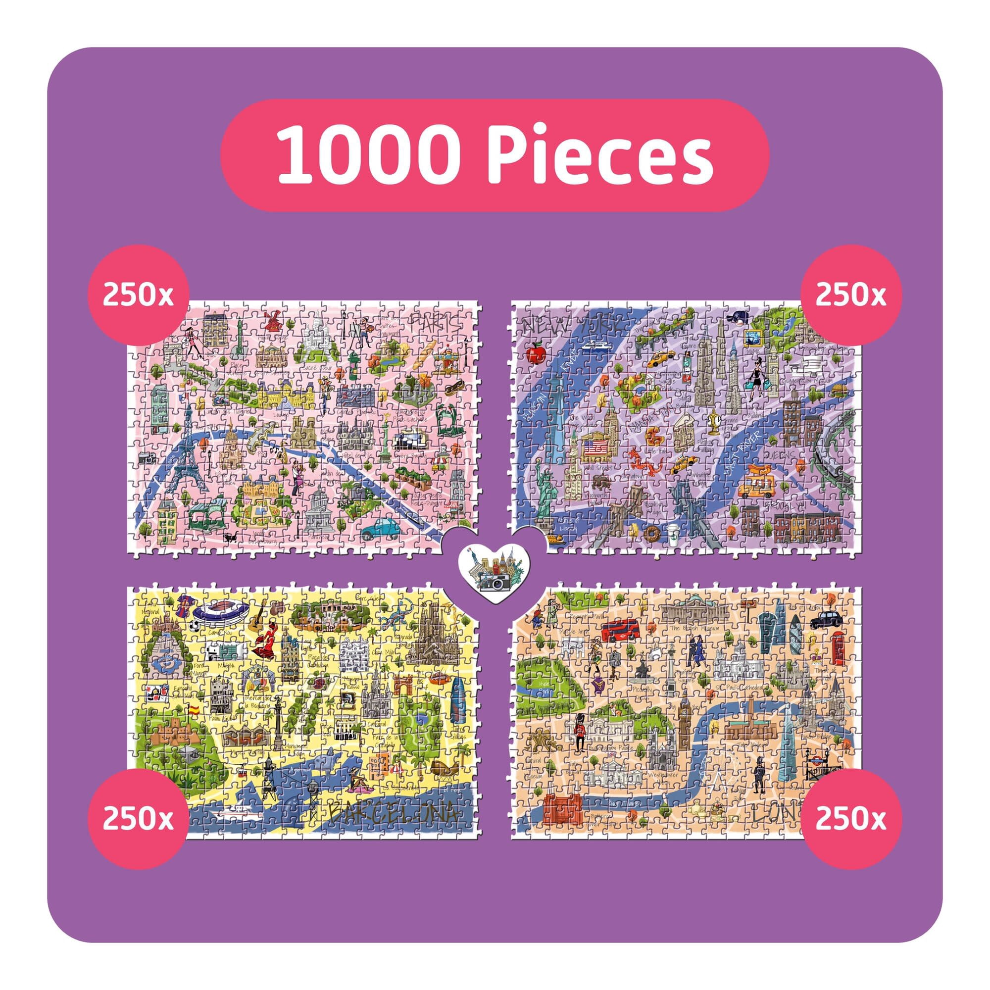 TEAMPUZZLE: City Trip - 1000pc Puzzle, 4 Jigsaw Sections, Around The World Travel Destinations, 27x19", Includes App Game Actions, Family-Friends 12+