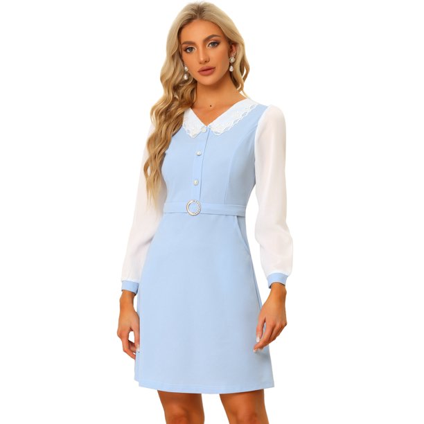 Vestido Midi Elegante Con color De Contraste Y Cuello En V de Manga Larga Para Mujer Azul Claro XS