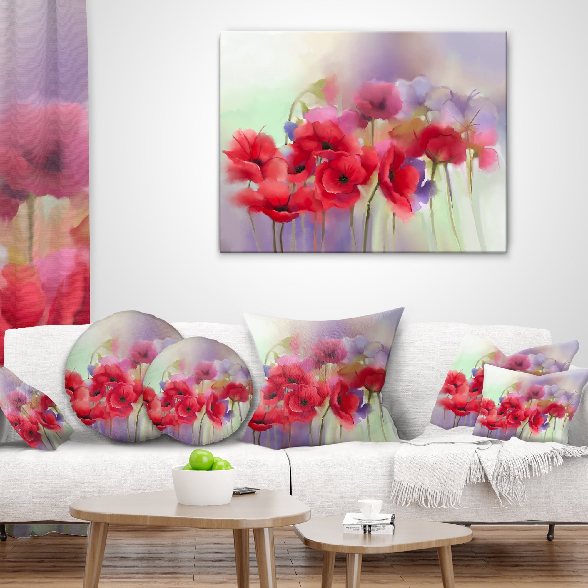 Designart Watercolor Red Poppy Flowers Painting - Floral Throw Pillow - 18x18