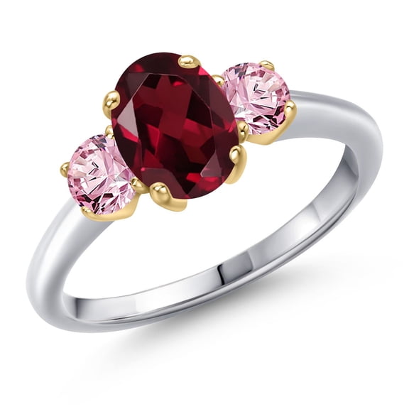 Gem Stone King 925 Silver and 10K Yellow Gold Red Rhodolite Garnet and Pink Lab Grown Diamond Engagement Ring for Women | 1.85 Cttw | Oval 8X6MM | Gemstone January Birthstone | Size 6