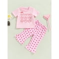 thumbnail image 3 of Musuos Kid Girls Sweet Style Clothes, 6M 12M 24M 3Y 4Y 5Y Pink Short Sleeve Letters Print T-shirt with Heart Print Flare Pants Summer Outfit, 3 of 10