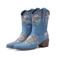 thumbnail image 2 of Womens Floral Embroidered Denim Cowboy Boots Vintage Flower Pointed Toe Chunky Mid Heel Wide Calf Cowgirl Booties, 2 of 5