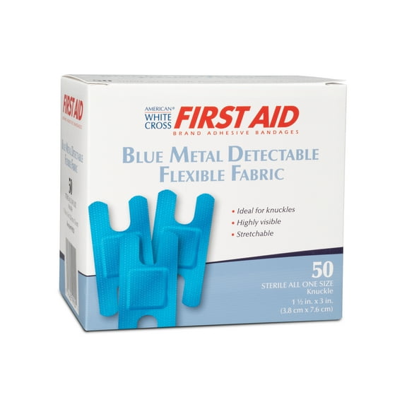 Sterile Metal Detectable Lightweight Fabric Adhesive Bandages 1-1/2" x 3", Blue