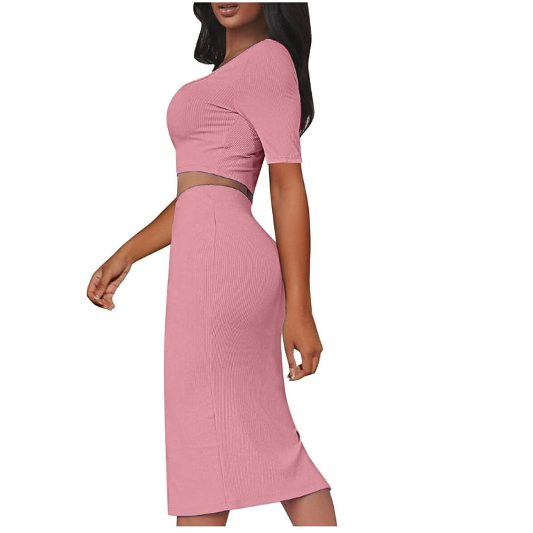 Njoeus Women 2 Piece Bodycon Midi Club Dresses Outfits Casual Short Sleeve Crop  Top and Side Split Skirt Set - Walmart.com