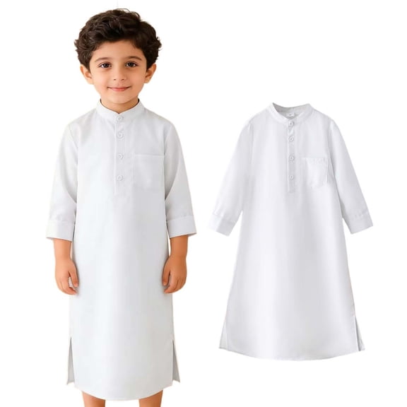 Boys Muslim Thobe Long Sleeve Button White Long Thobe Muslim Prayer Dress 6-7 Years Boy Clothes