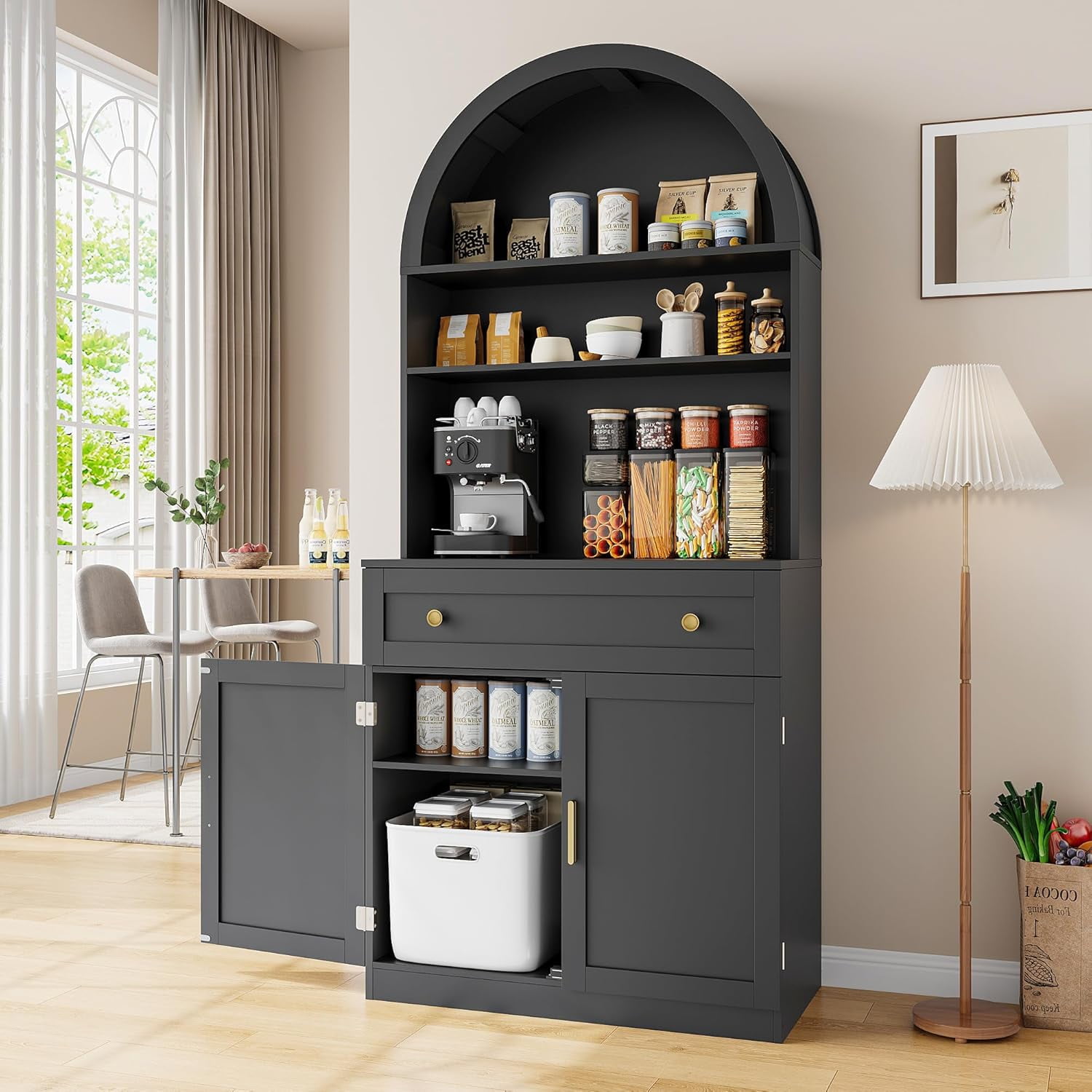 Akaber 71" Tall Arched Kitchen Pantry Cabinet, Modern Kitchen Storage Cabinets with Hidden Drawer and Spacious Countertop, Wooden Storage Pantry Cabinet for Living Room, Dining Room, Black