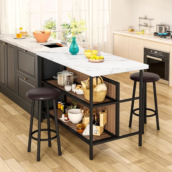 LinkRomat Kitchen Island with Stools & Storage, 3 Piece Modern Bar Table Set for 2, Small Kitchen Table for Apartment, Home Bar, Dining Room, White