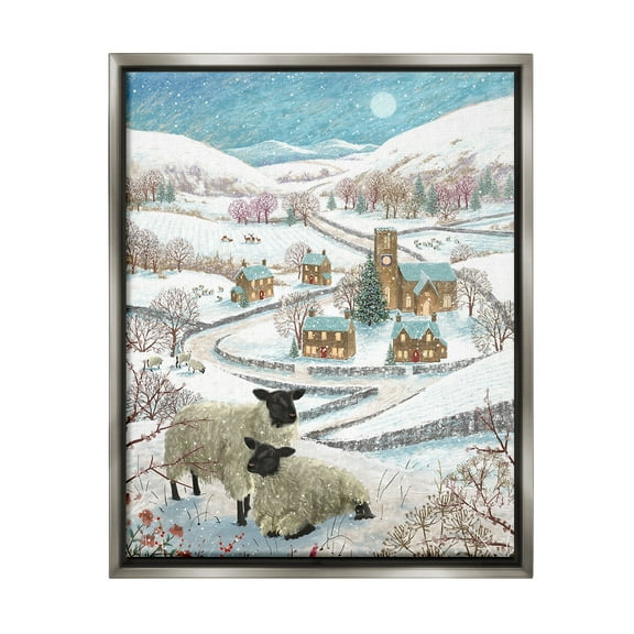 Stupell Industries Sheep on Wintery Hill Animals & Insects Painting Gray Floater Framed Canvas Art Print Wall Art, 25 x 31
