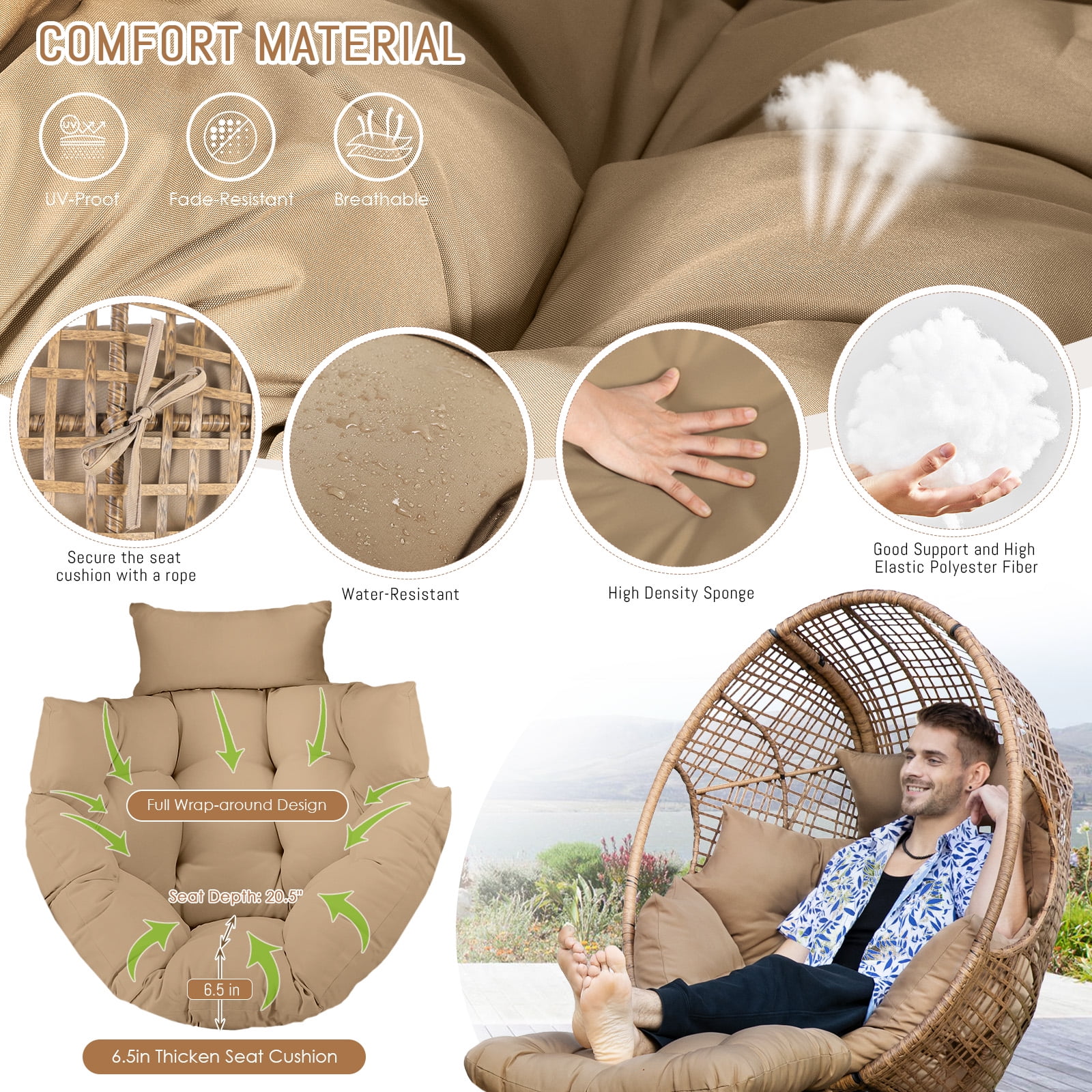 NICESOUL Indoor/Outdoor Rattan Egg Chair with Ottoman, Boho Style