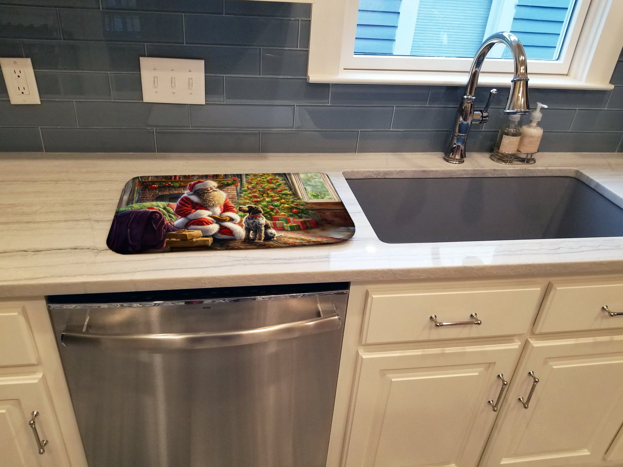Wirehaired Pointing Griffon and Santa Claus Dish Drying Mat 14 in x 21 in