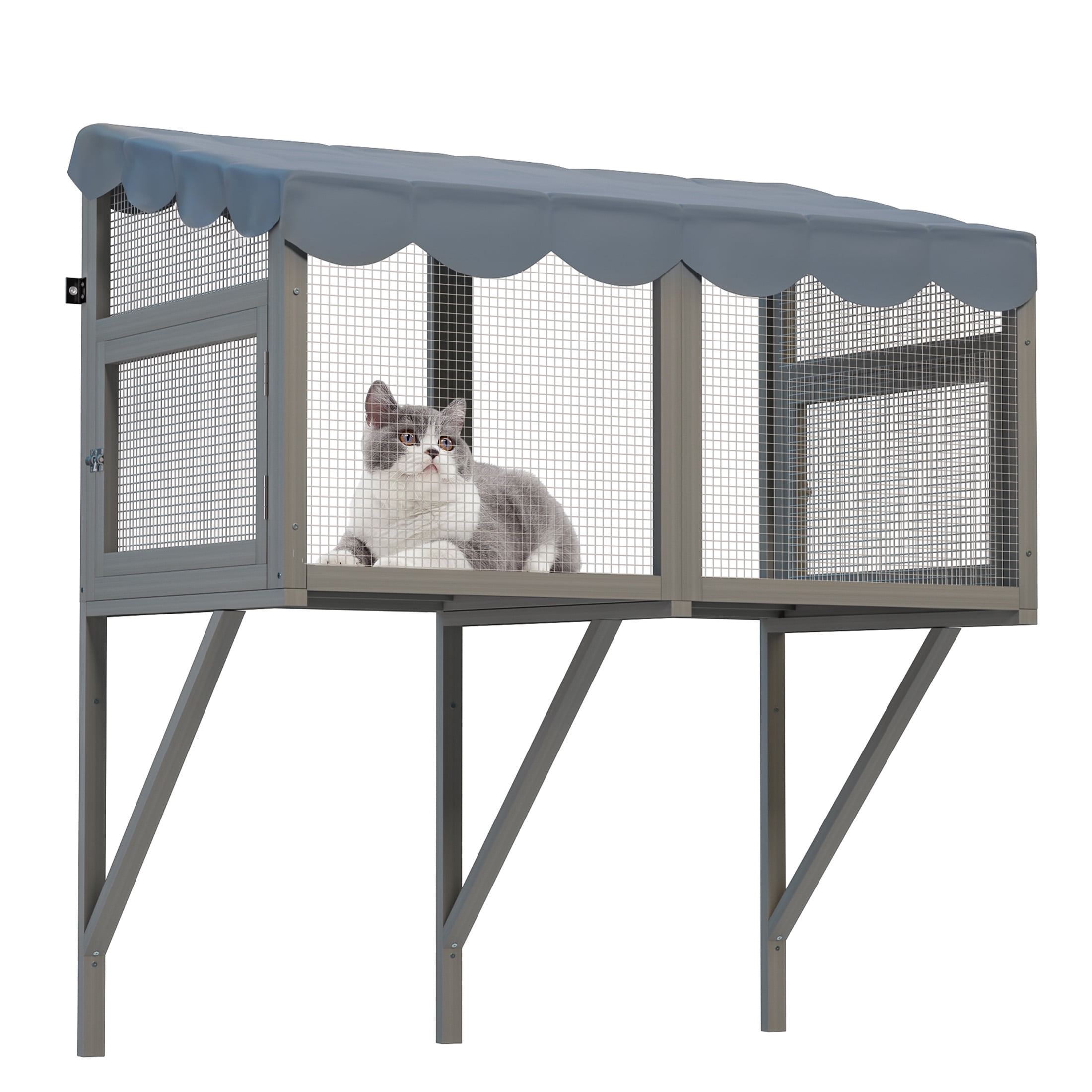 JERFIT Cat Window Enclosure Box, Gray Wooden Catio Perch for Indoor Cats, Expandable Outdoor Haven with Weather-Resistant Roof, Secure Wall Mount