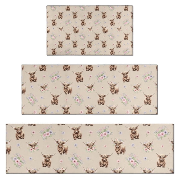 Beige Highland Cow Flower Pattern Kitchen Rugs Sets Of 3,Kitchen Runner Rugs Non Skid Washable,Decorative Kitchen Floor Mats for Kitchen,Sink,Laundry,17"x30" 17"x47" 17"x59"