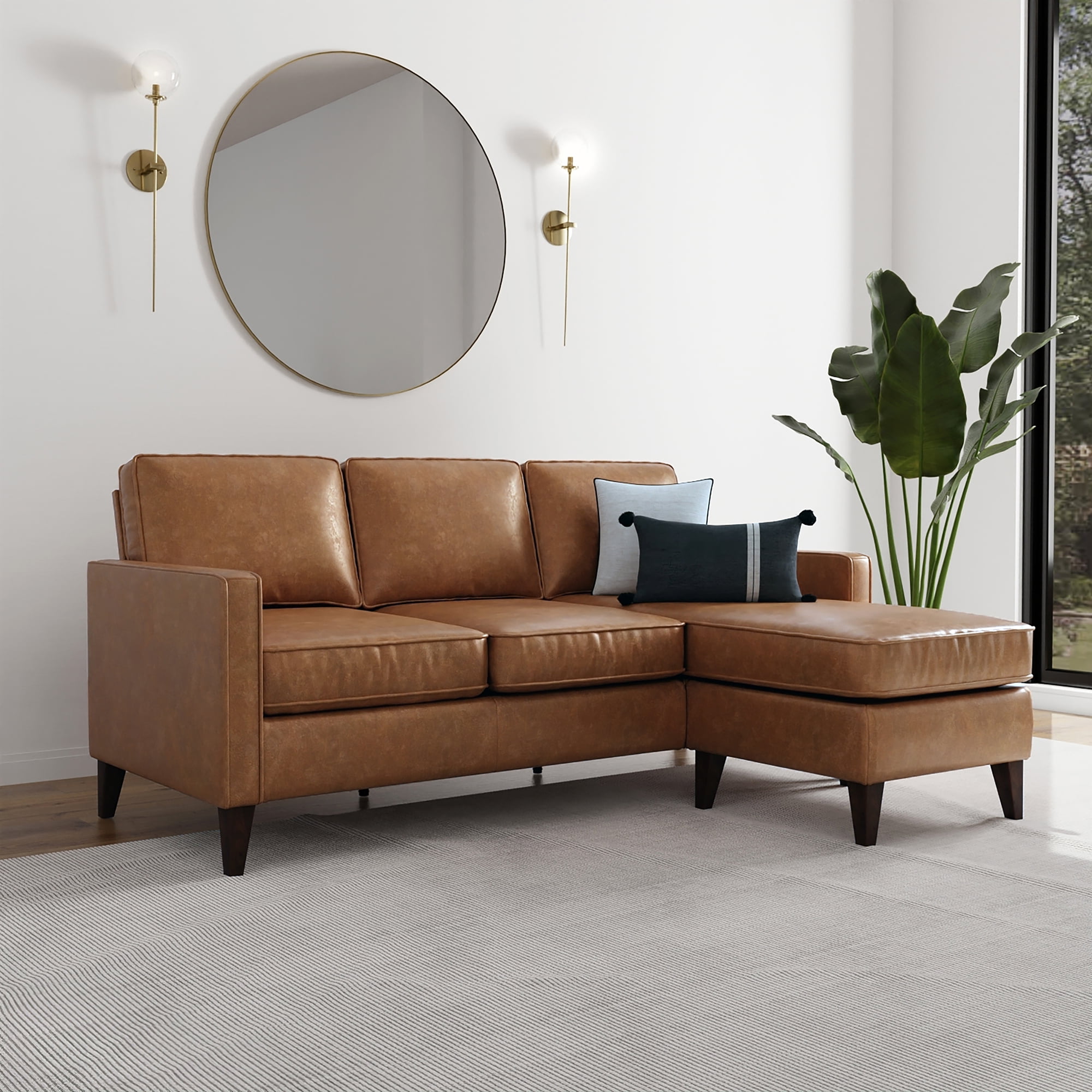 Jianna Faux Leather Reversible Sectional, Saddle Brown