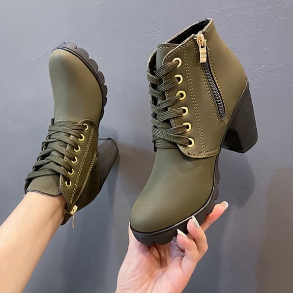 Women's Winter Warm Ankle Boots: Thick Sole & High Heel - Black PU Leather, Side Zipper with Lace-Up Detail, Plain Toe | Chic Everyday Booties | Faux Fur Lined | Rubber Sole,US Size:6.5-10.5