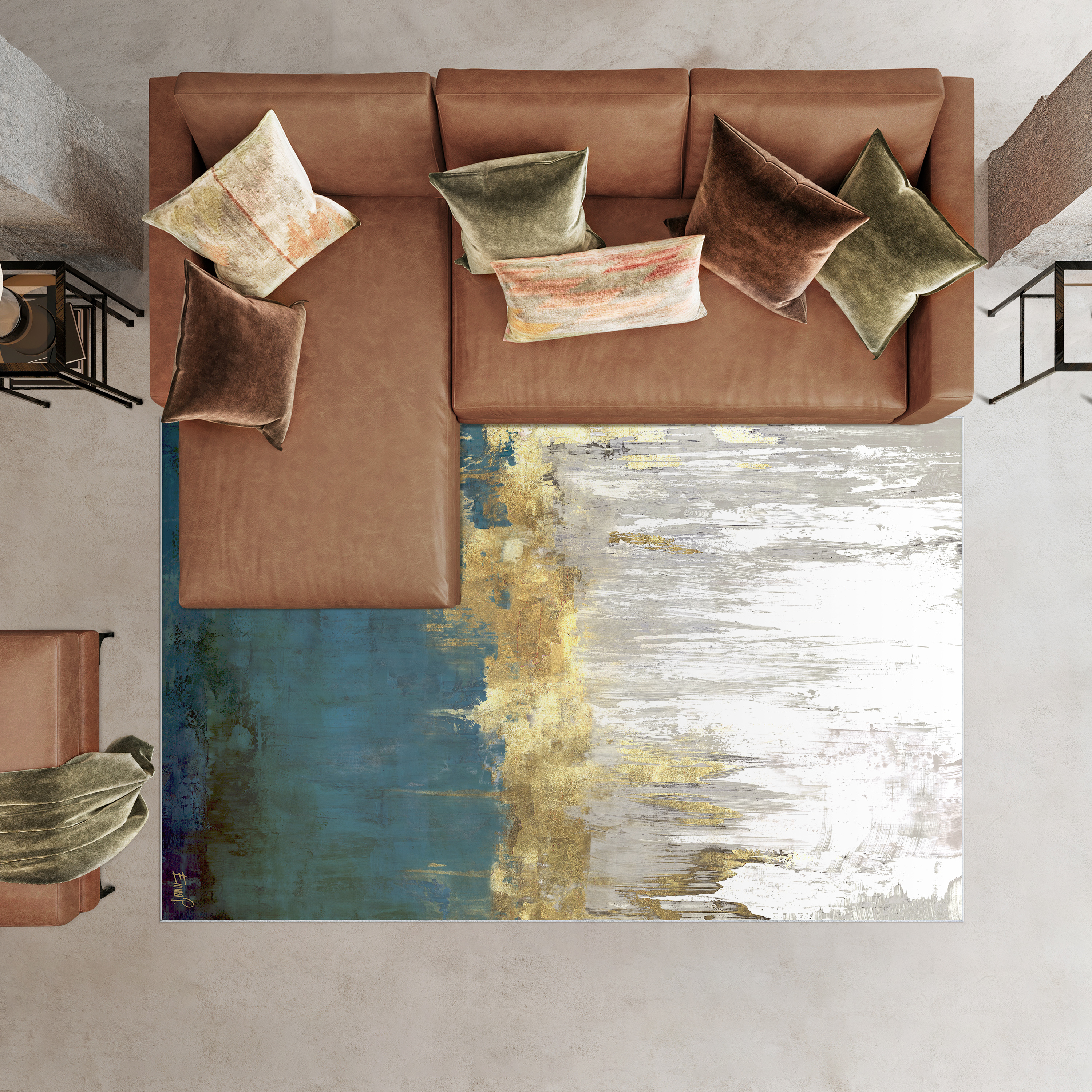 Golden Blue Horizons Washable Abstract Art Area Rug size 8'x10', Power-loomed, Heavenly Softness with Non-Slipping Backing